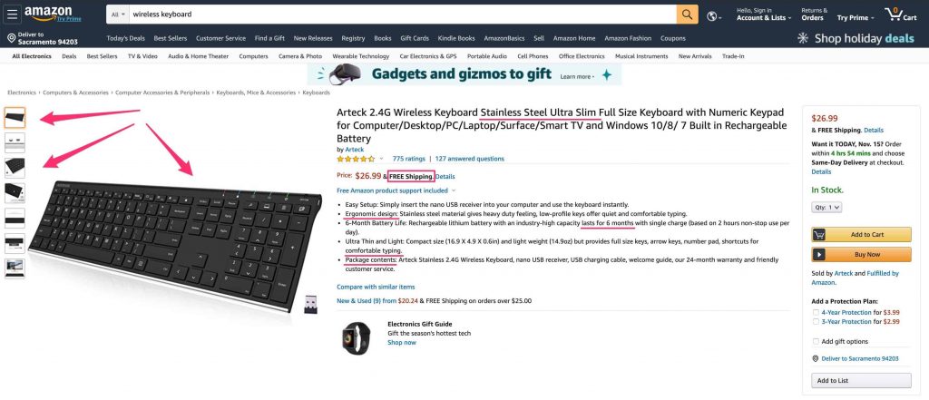 Amazon.com screen capture with the product page highlighting the product images