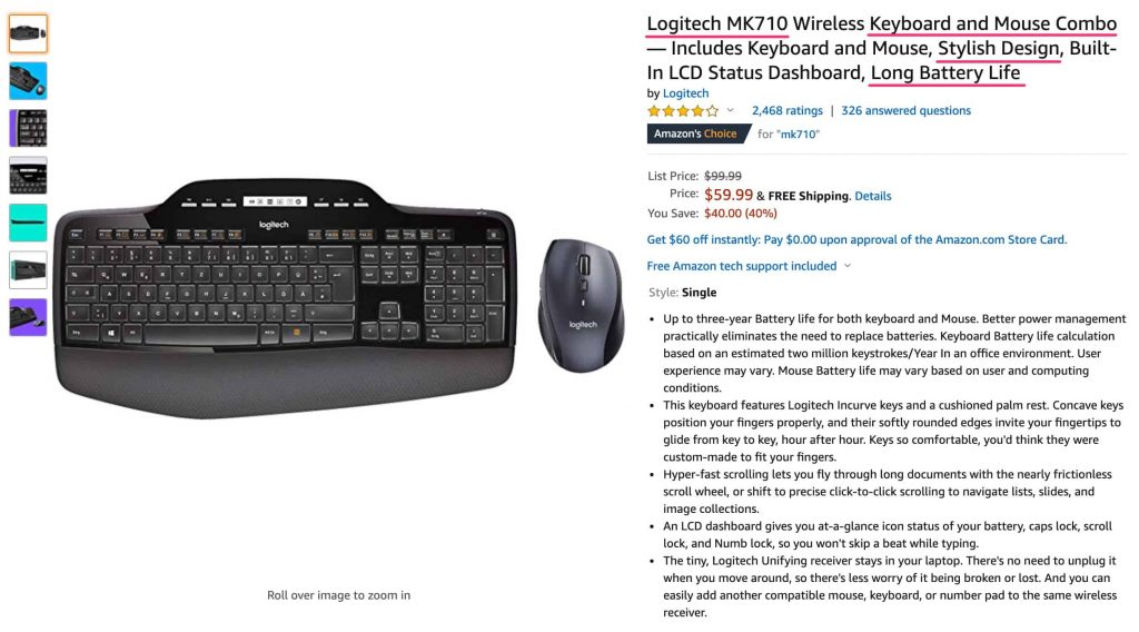 Amazon.com screen capture with a keyboard and mouse product page highlighting the benefits in the product title