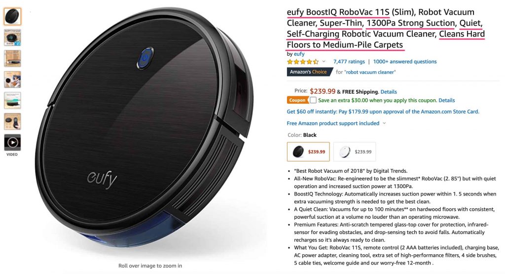 Amazon.com screen capture with a robot vacuum product page highlighting the benefits in the product title