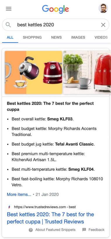 Grid images in featured snippet example