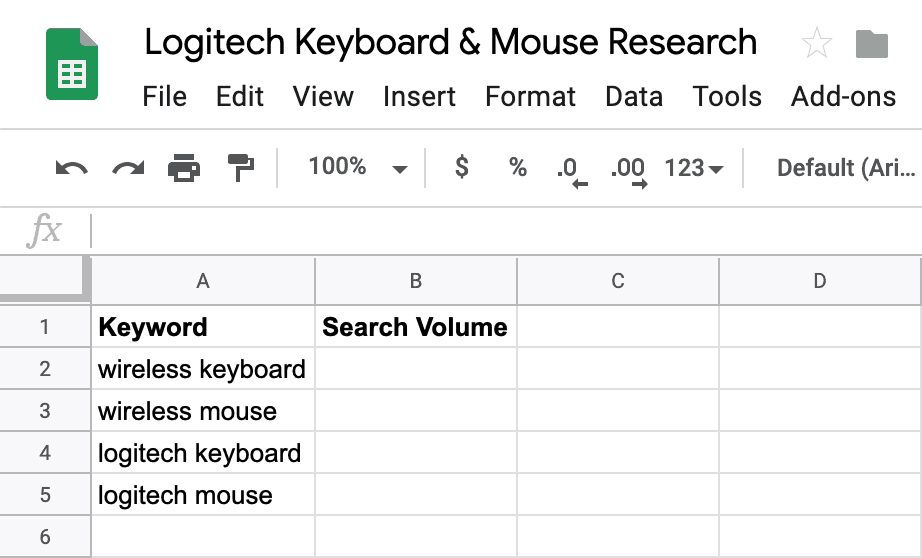 Google Sheets screen capture with a list of keywords