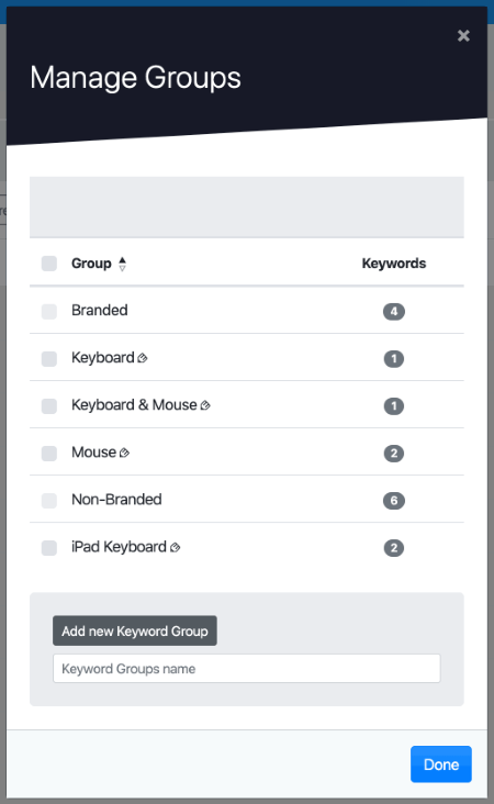 AWR screen capture showing keyword groups management