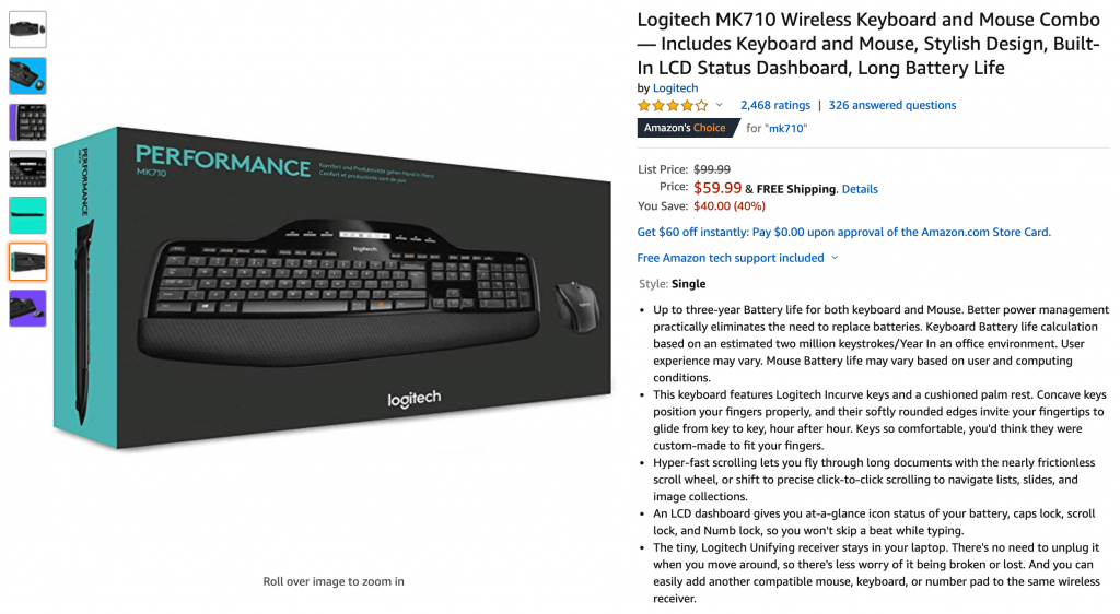 Amazon.com screen capture with a keyboard and mouse product page presenting the product image