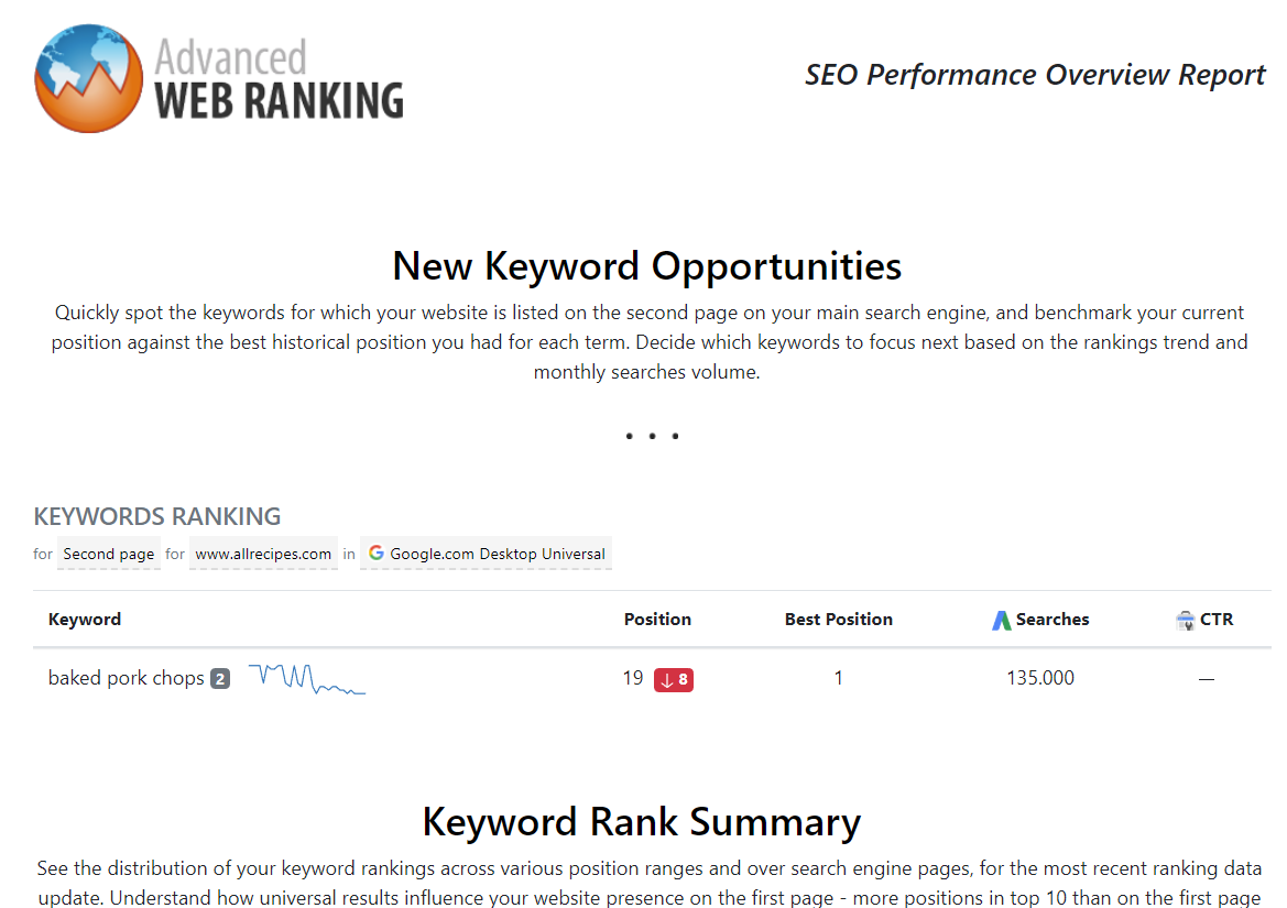 Advanced Web Ranking report customized with business logo and tailor-made notes for clients.