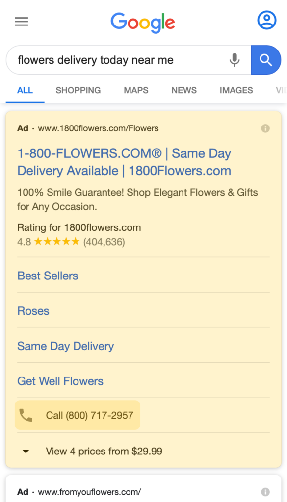 Call Only Google Ad search result on a mobile device
