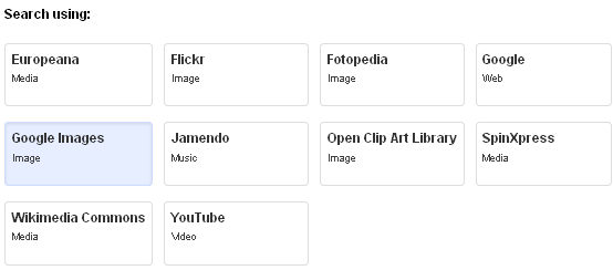 Screenshot with the content providers available for search in the Creative Commons tool.