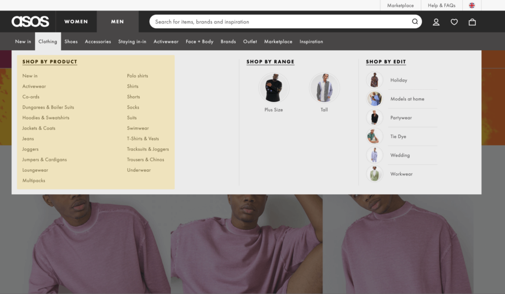 Ecommerce website screenshot with product menu highlighted.