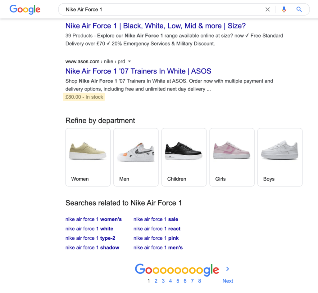 SERP screenshot with the price and stock structured data highlighted.