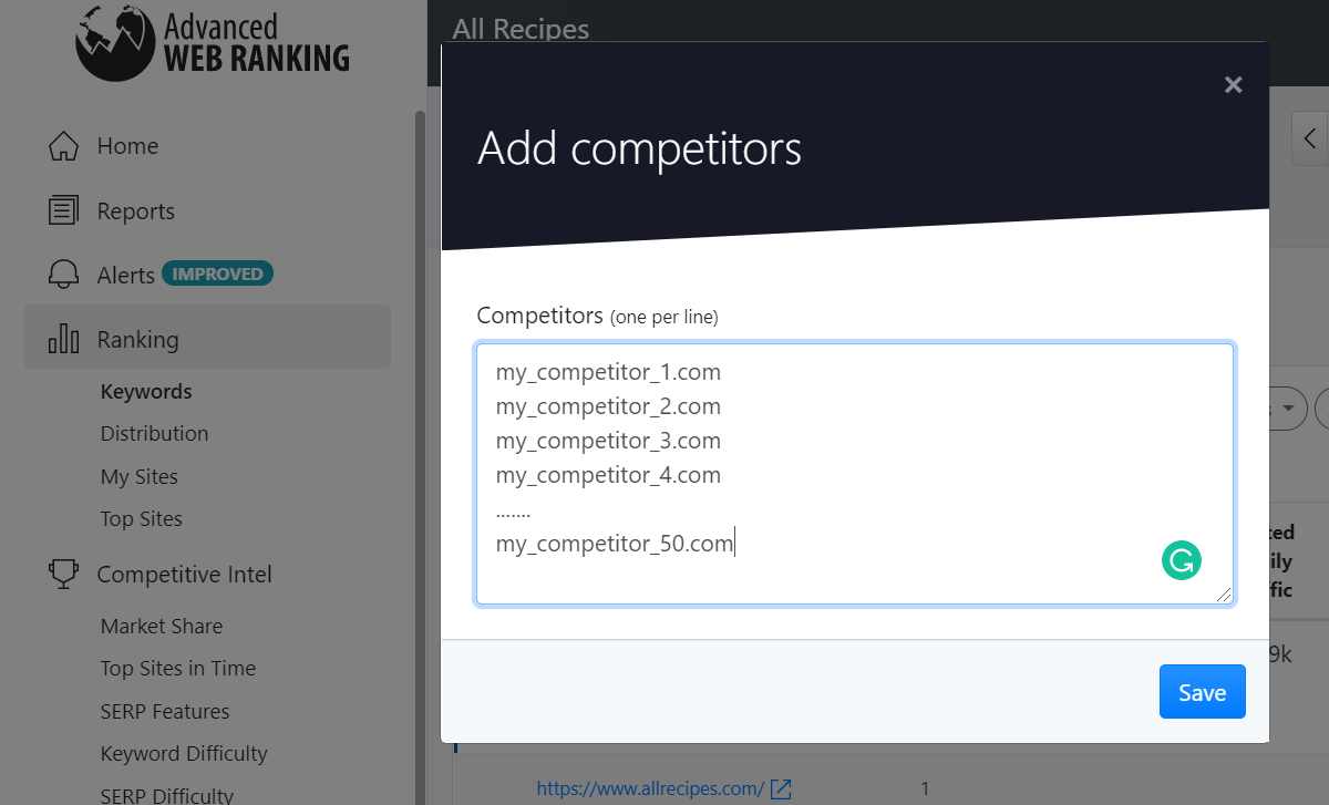 Adding competitors for tracking in Advanced Web Ranking projects.