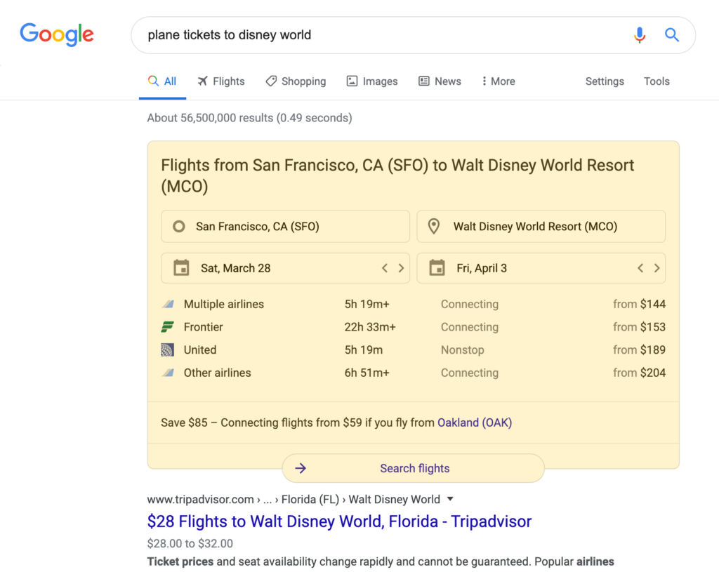 Google Flights search result on a desktop device