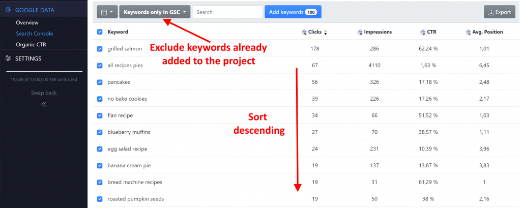 advanced web ranking, google search console, keywords sorted.