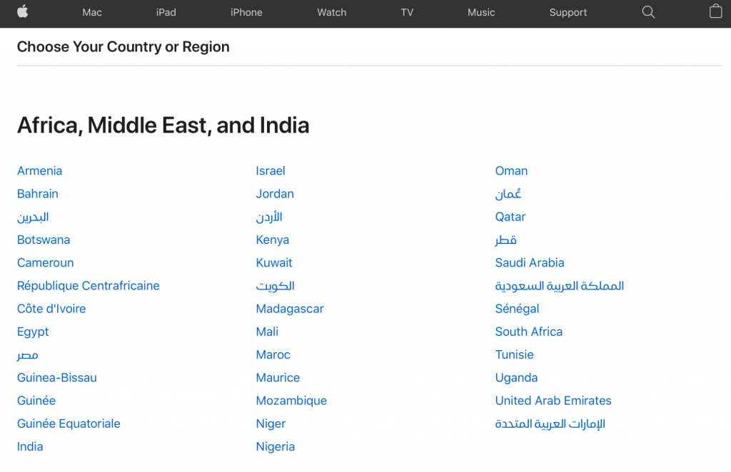 Screenshot with Apple's country selector page.