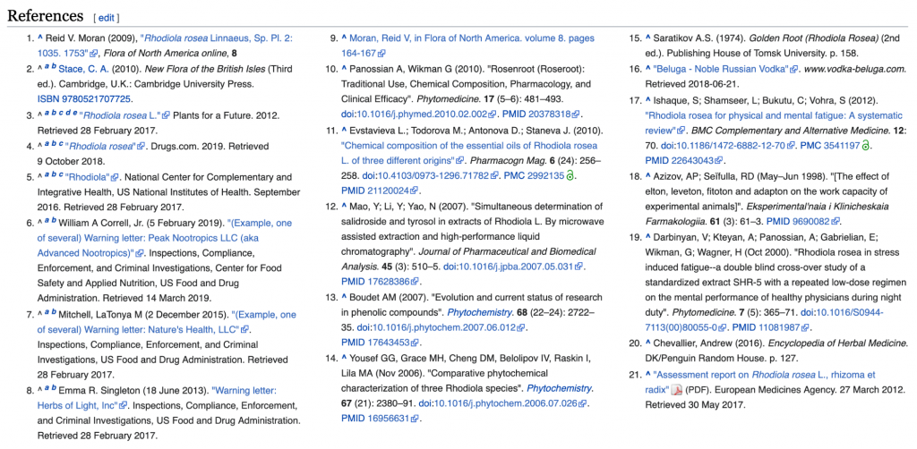 Screenshot with the references list on Wikipedia pages.