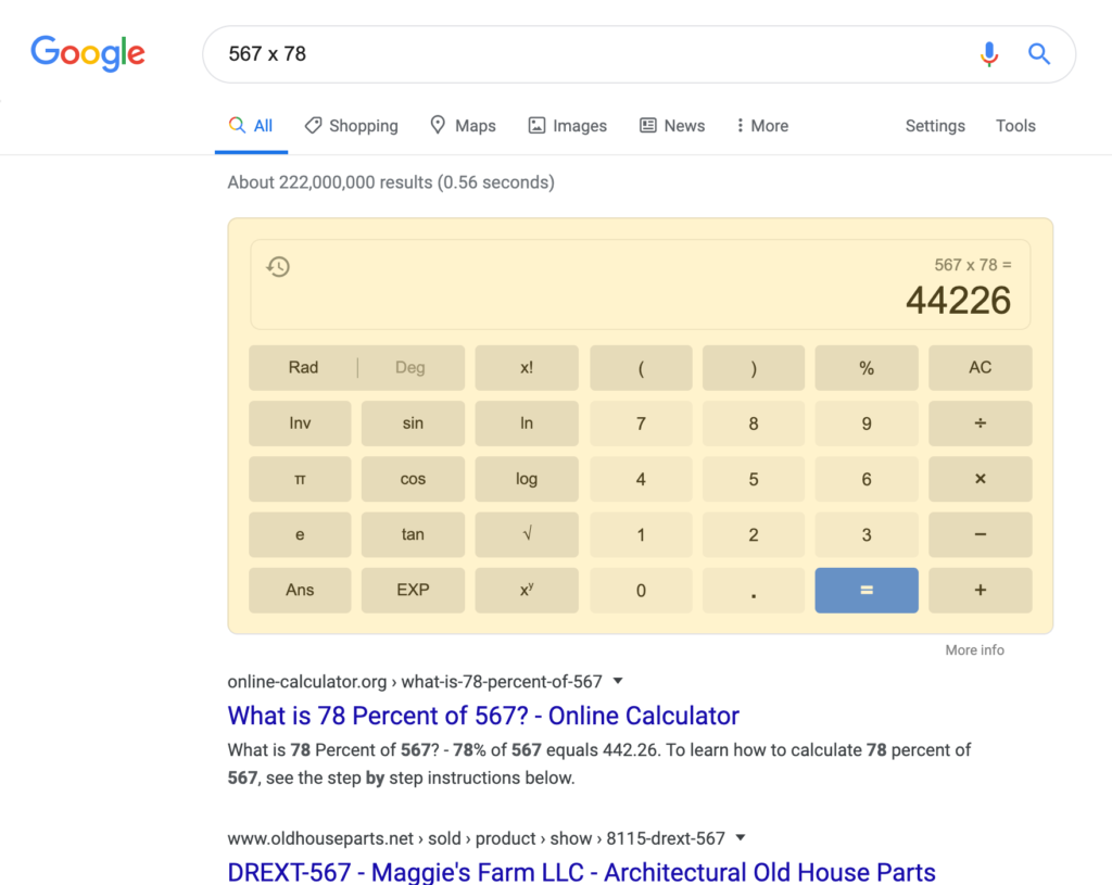 Math Calculator search result on a desktop device