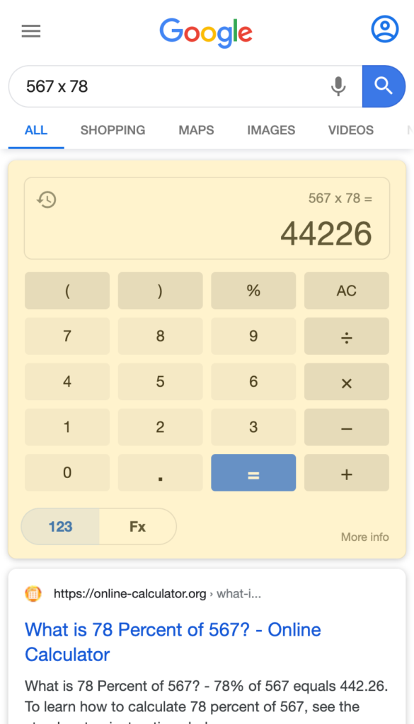 Math Calculator search result on a mobile device