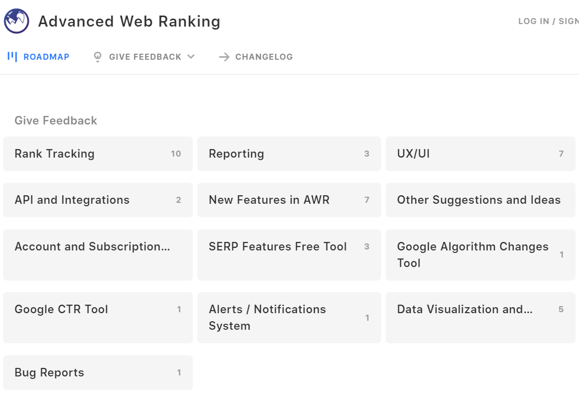 The public product roadmap dashboard of Advanced Web Ranking.