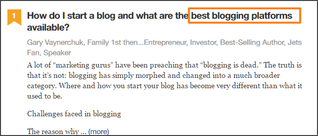Screenshot with the first question that appers on Quora for the "best blogging platforms" question.