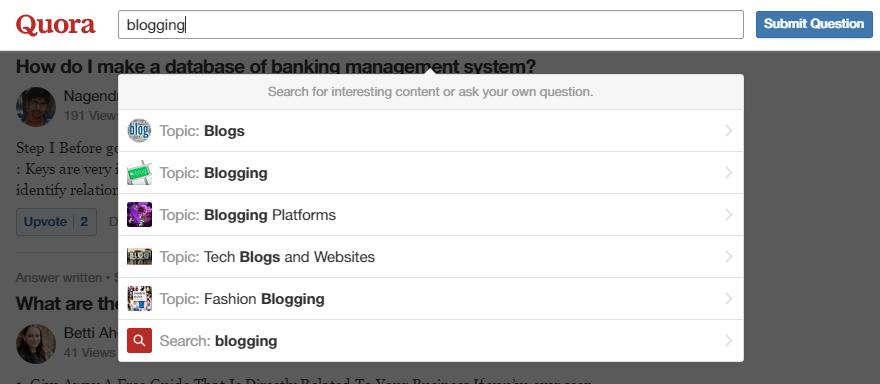 Screenshot with Quora search results for the "blogging" query.