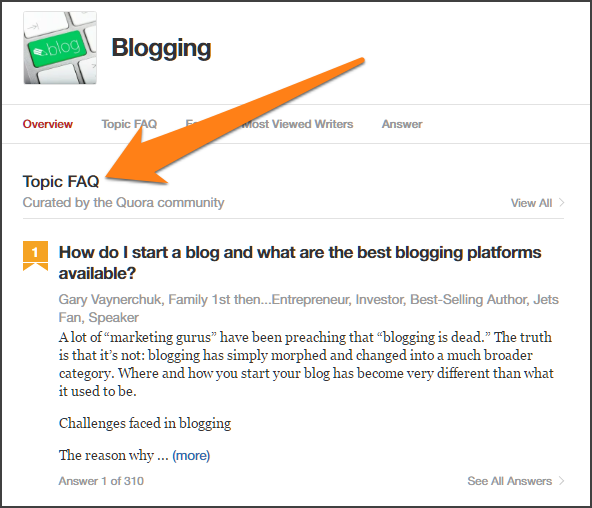 Screenshot highlighting the Topic FAQs on Quora.