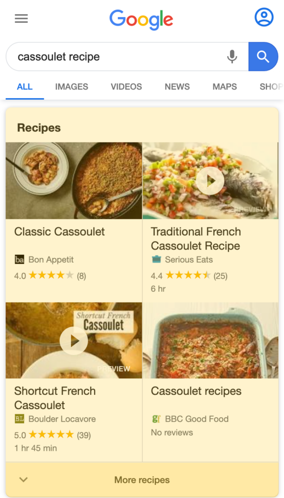 Recipe Cards search result on a mobile device