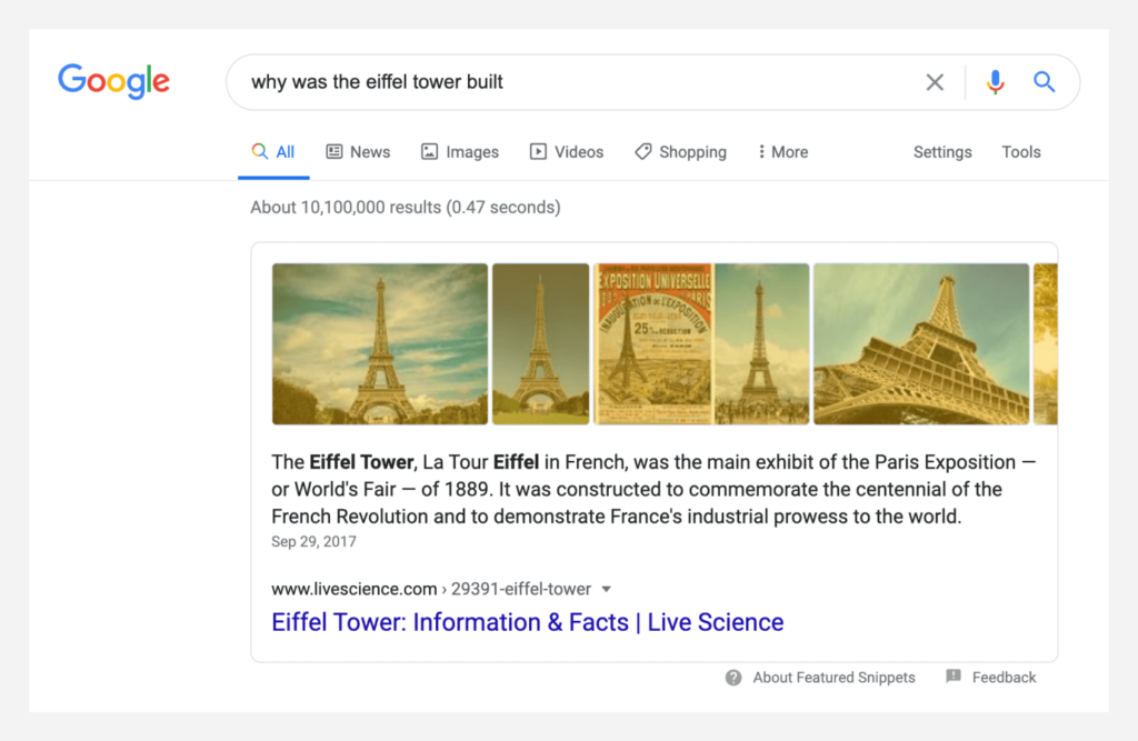 SERP screenshot with the images from the featured snippet highlighted.
