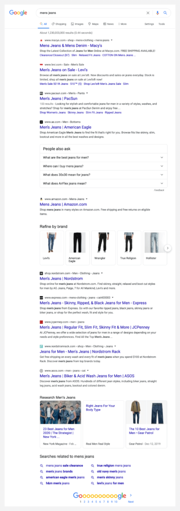 Search engine result page for mens jeans.