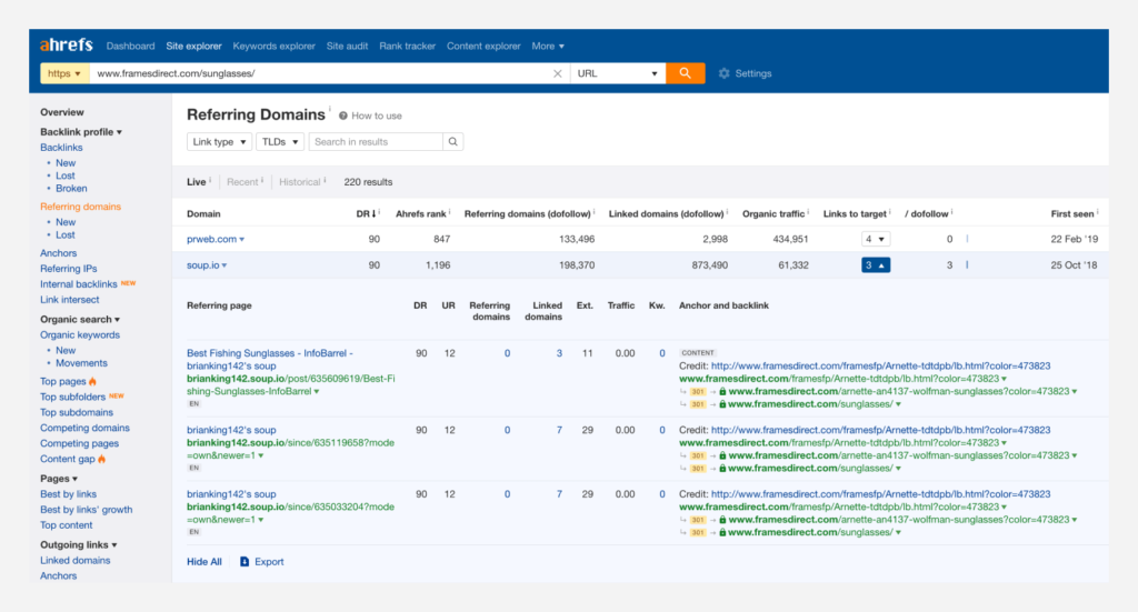 Ahrefs screenshot highlighting the “Referring domains” report results.