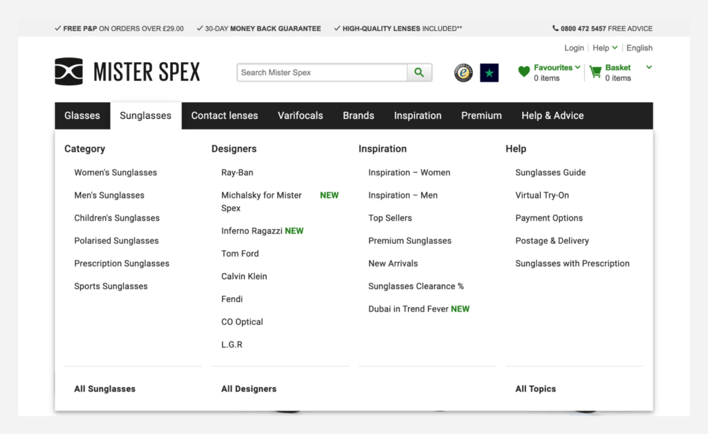 Screenshot of a mega menu on an ecommerce website.
