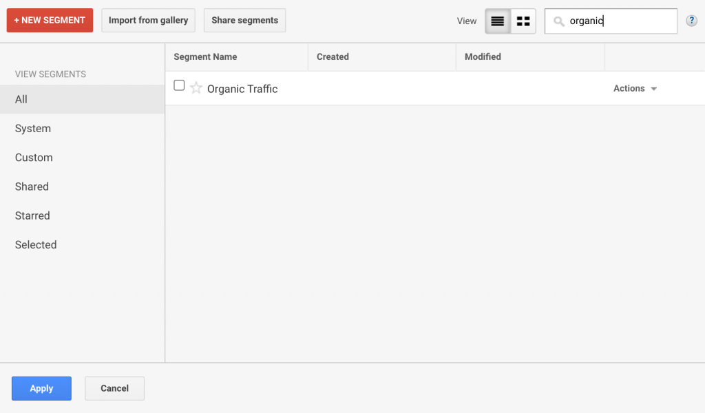 Screenshot showing how to select a new segment to apply on the Google Analytics Audience Overview report.