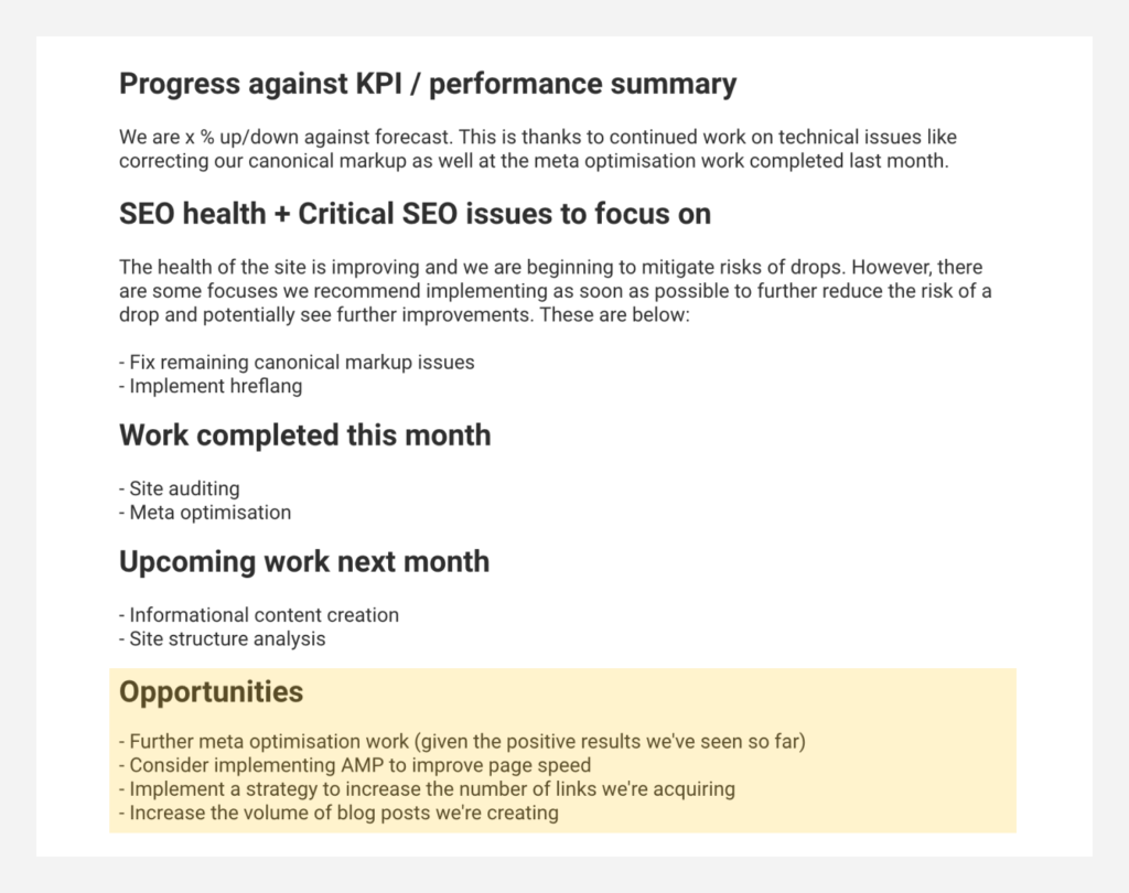 Opportunities section of the SEO report template