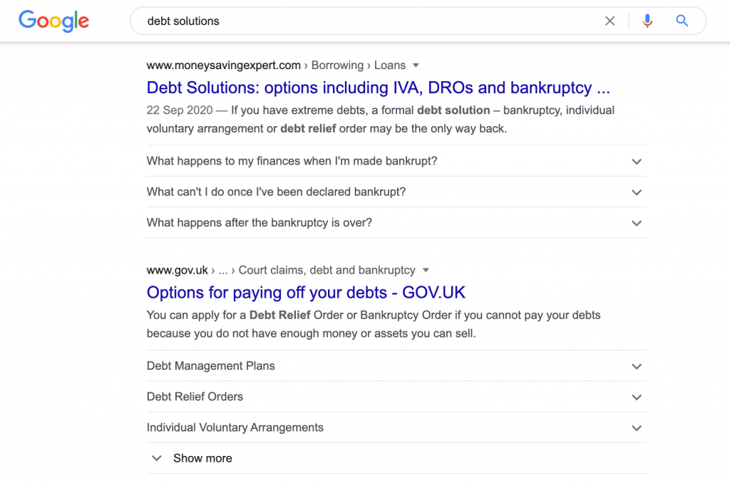 google, debt solution search results. 