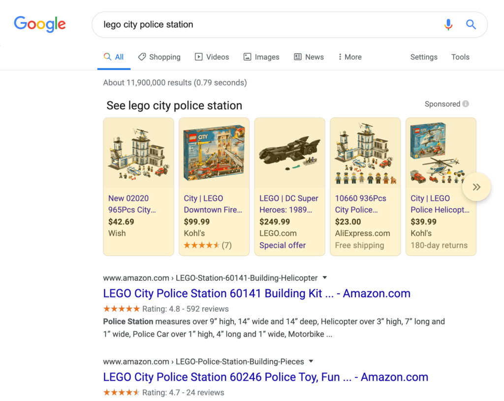 Google Shopping search result on a desktop device