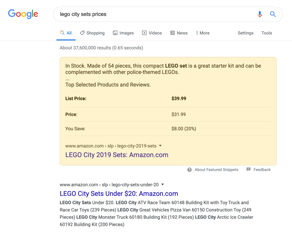 Table Featured Snippet search result on a desktop device