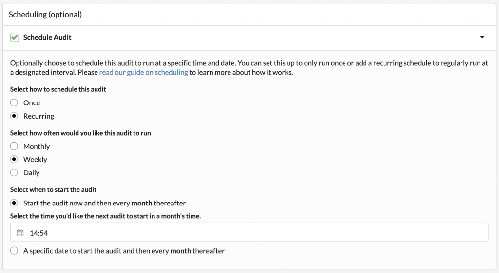 Screenshot with how scheduling audits works in SiteBulb.