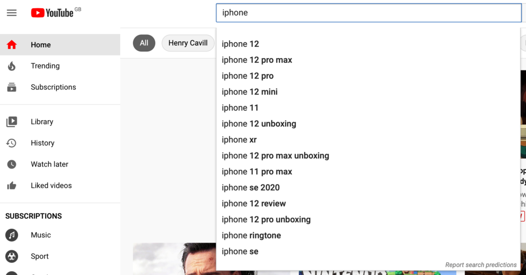 Screenshot of YouTube’s search autocomplete