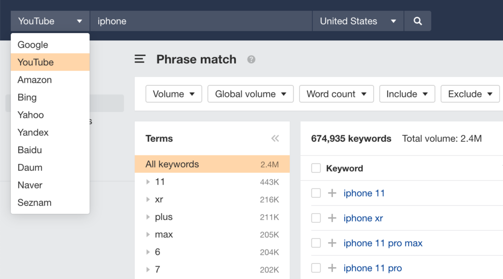 YouTube keyword research in Ahrefs