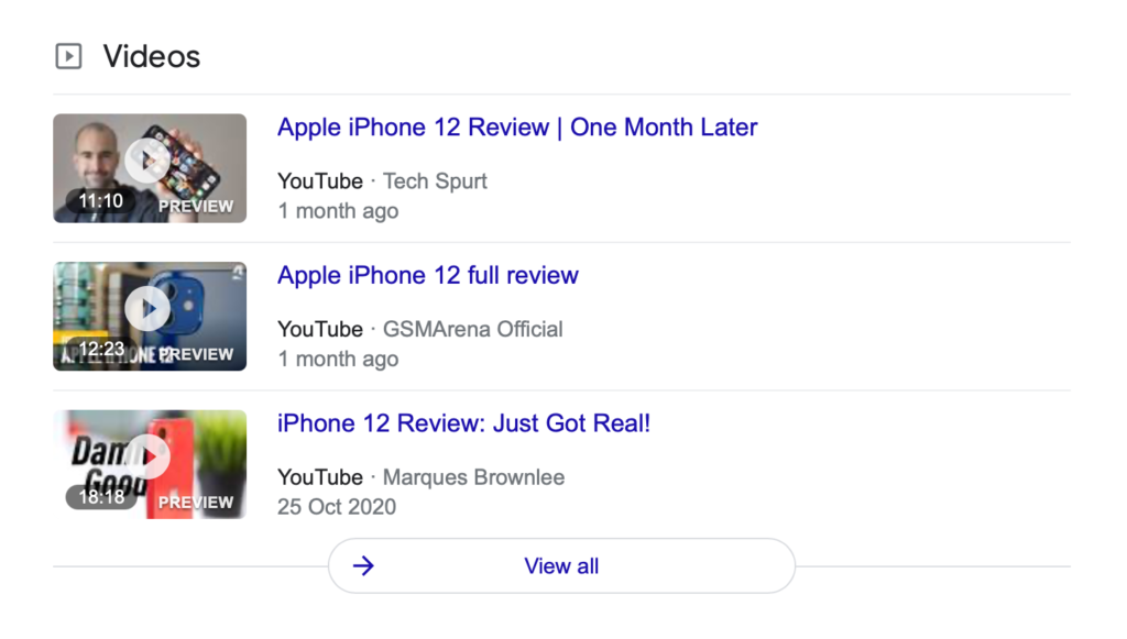 Video results in SERP